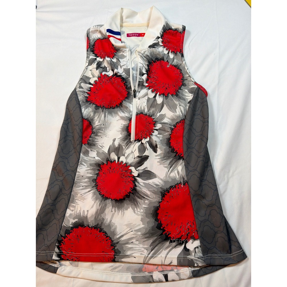 Terry Womens Sleeveless Cycling Jersey Red Grey Floral Quarter Zip Pocket Medium